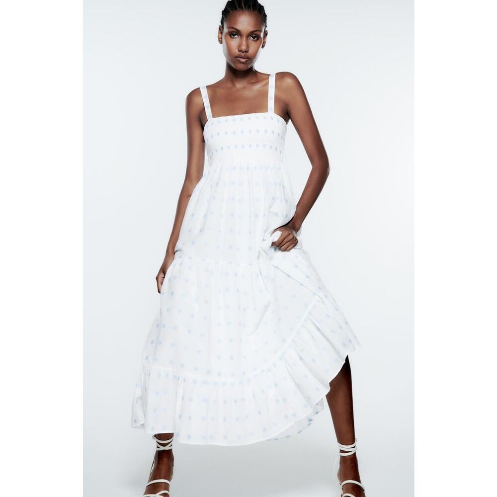 Zara Floral Embroidered Tiered Maxi Sundress Smocked White Blue Dress Size Large - Picture 16 of 16